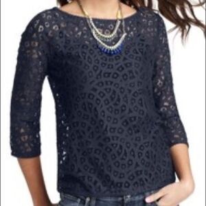 The Loft Navy lace 3/4 sleeve top w/button in back size XS
